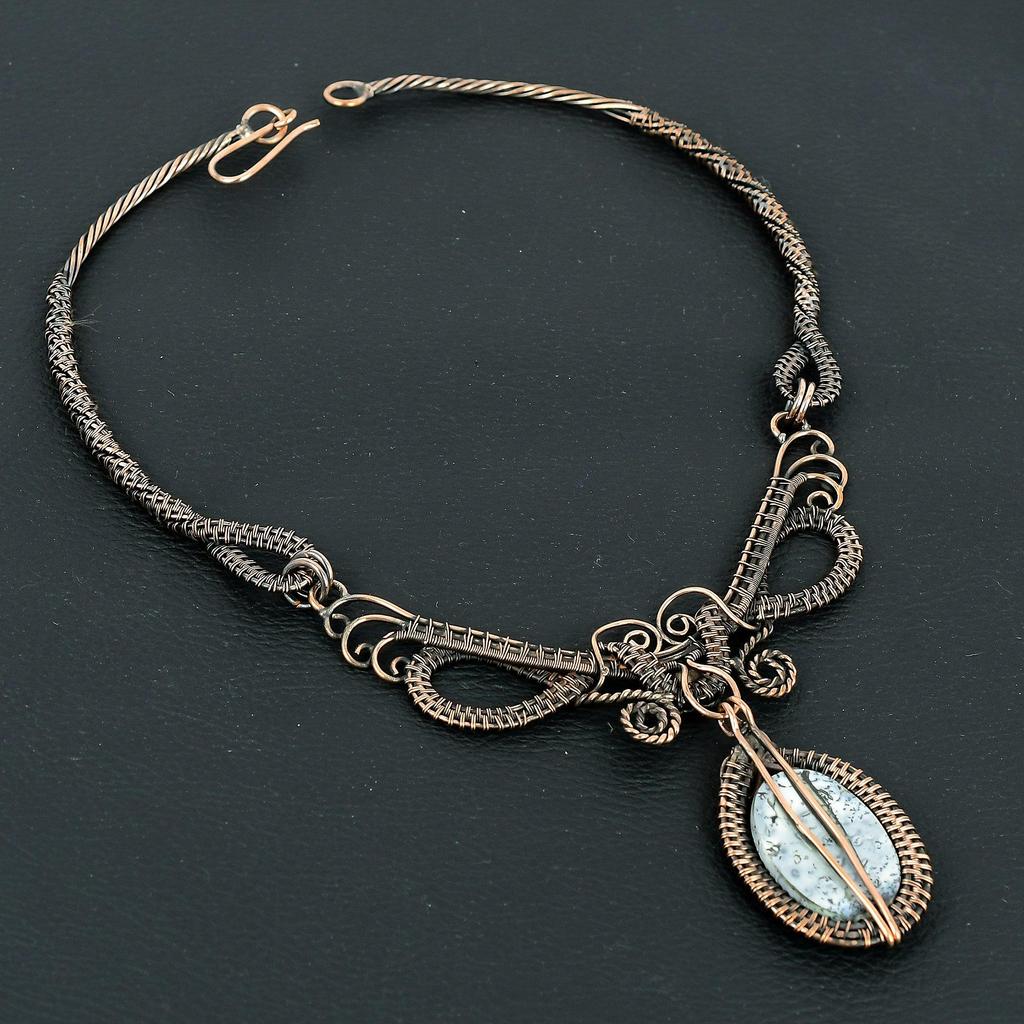Dendrite Opal Handmade Gemstone Necklace, 999 Copper Wire Wrapped Necklace Antique Jewelry, For Engagement Gift