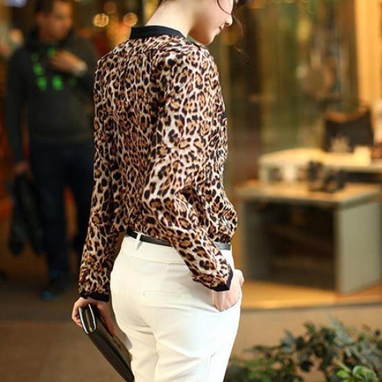 Women Leopard Print Long Sleeve Chiffon Loose Shirt Pockets Button Down Top