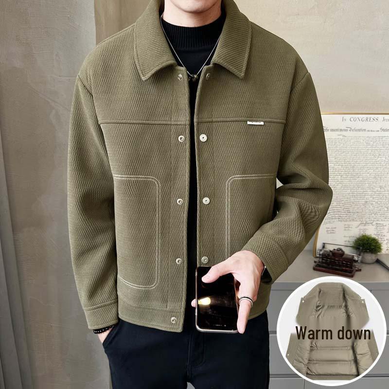Men s Trendy Woolen Lapel Jacket - Short, Thick Winter Coat 2025 M зелёный