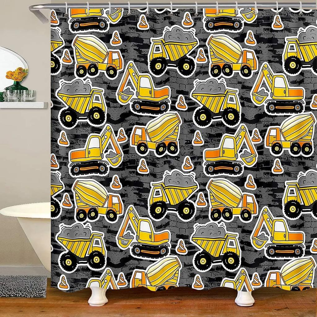 Kid Excavator Shower Curtain Tractor Mechanic Truck Construction Vehicle Boys' Bulldozer Crane Hanging Curtains Bathroom Decor