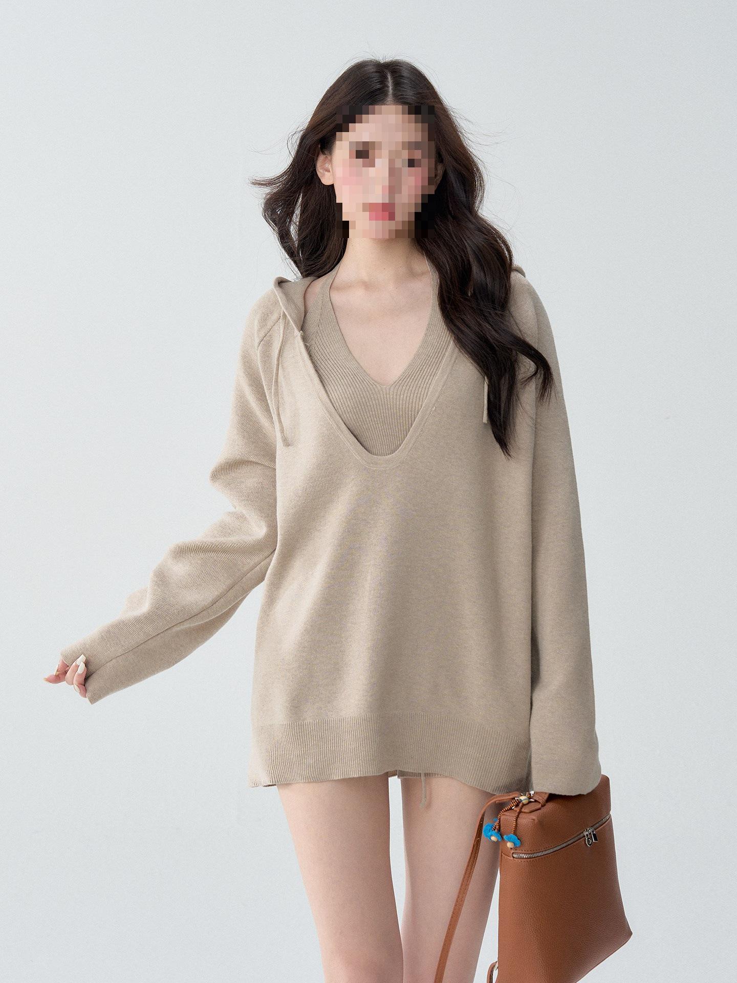 

OIOI ESSE | Early Autumn Casual Hooded Knit Cardigan & Shorts Set for Women Large