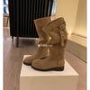 Height increase cm~ three-dimensional round head zipper belt buckle thick heel knight boots women's autumn and winter leather medium boots