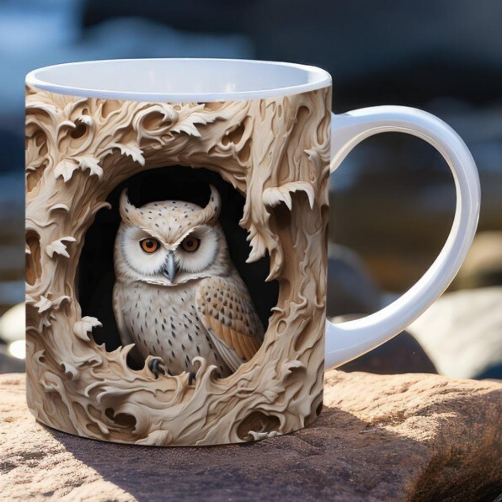 3D Owl, Ceramic Coffee Mug, Tea Cup, New Hole Wall, Cute Hole Wall