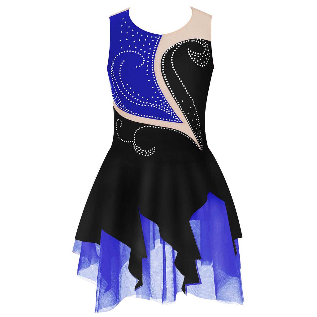 Kids Girls Rhinestone Skating Dress Sleeveless Round Neck Hollow Back Patchwork Style Figure Dance Costume