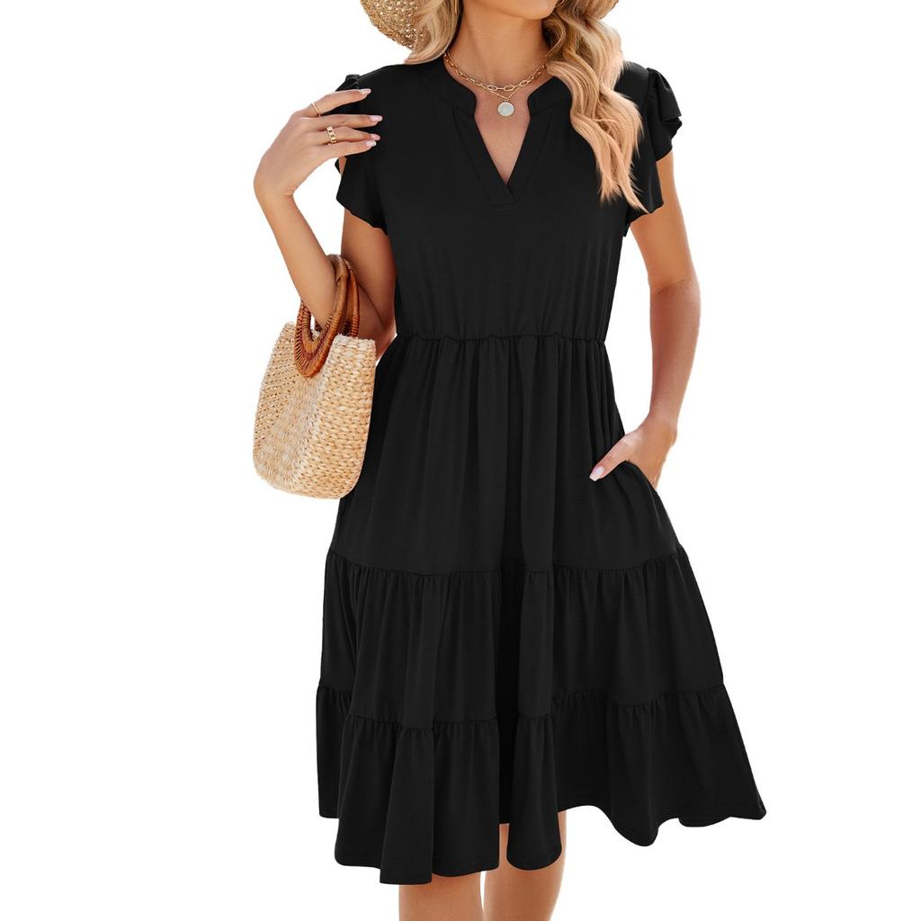Spring Summer New Solid Color V-neck Loose Short Sleeve Waist-tight splicing Dress For Women Cross-border Trade