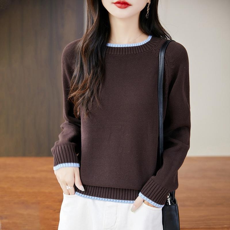 

Autumn and Winter Knitted Base Layer Sweater, Women s Color-blocking and Color-blocking Off-the-shoulder Round-neck Sweater Pullover XL кавовий