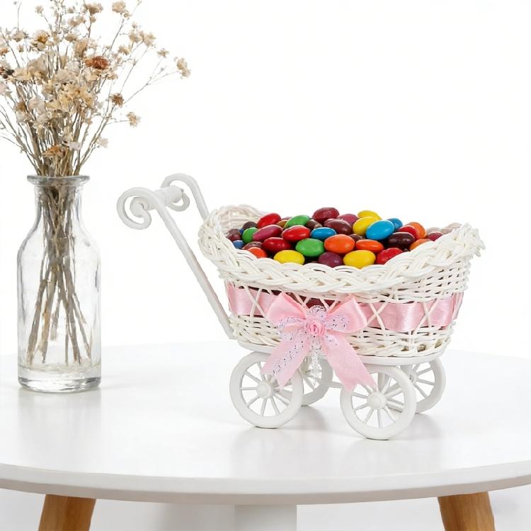 Woven Miniature Trolley Shape Baby Shower Candy Basket Artificial Rattan Strollers Flower Basket Multifunction Party Decors