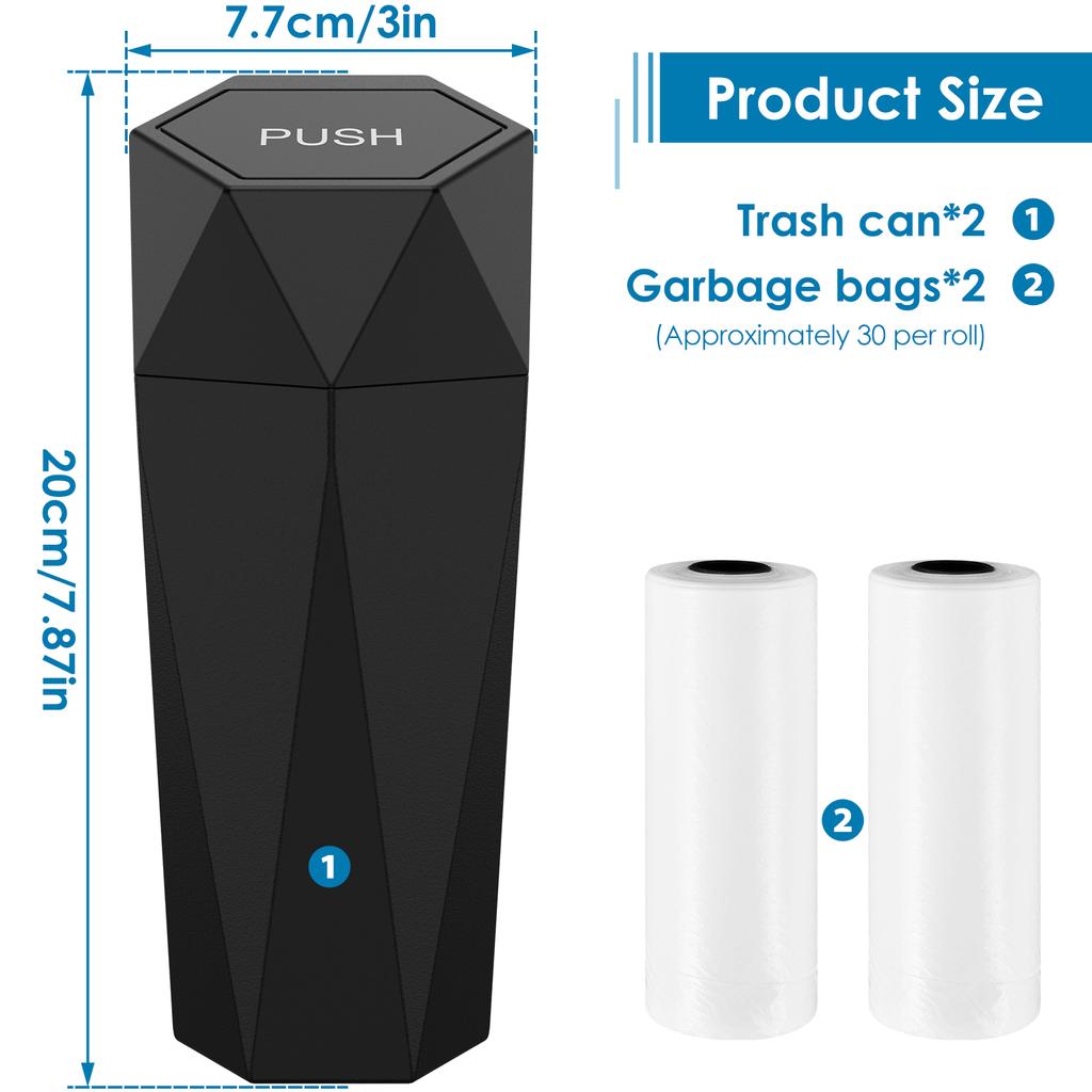 2pcs Car Trash Cans Diamond Shaped Mini Garbage Bin 550ML Leakproof Small Waste Basket with Lid Auto Car Interior Accessories