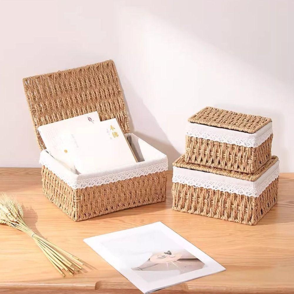 Hand-woven Storage Baskets with Lid/Liner Desktop Sundries Organizer for Closet Shelf