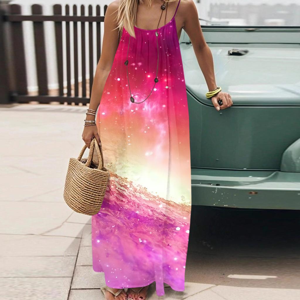 Dámské Módní Ležérní Volné Šaty s Květinovým Potiskem a Úzkými Ramínky Bez Zad