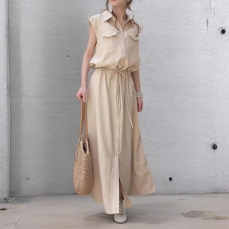 Women's Spring/Autumn Turn-Down Collar Maxi Shirt Dress - Long Sleeve, Solid Color, Casual