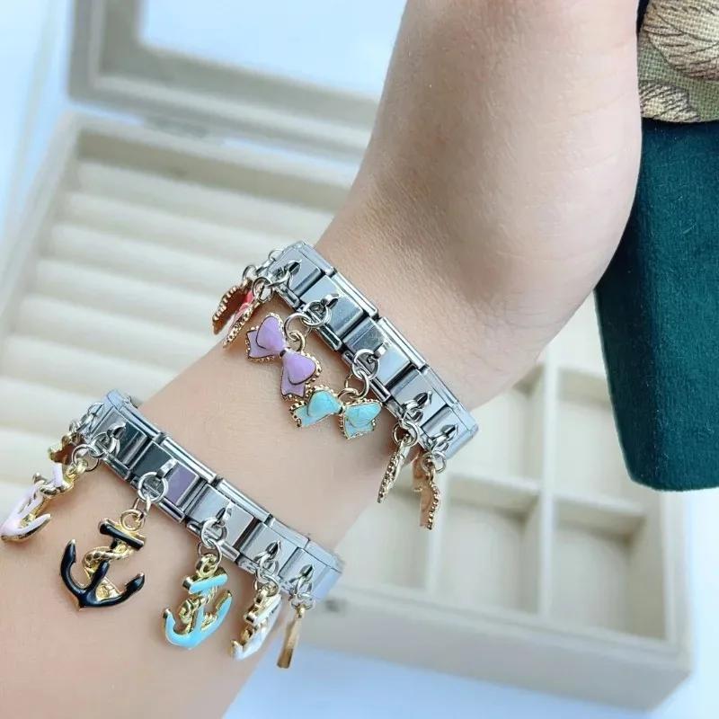 NEW Popular Bow Anchor Pendant Elastic Charm Italian Links Fit 9mm Modular Bracelet Making DIY Jewelry Bulk