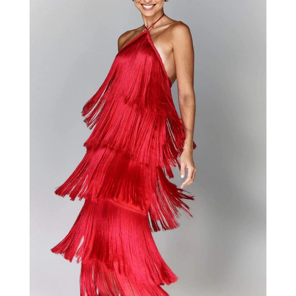 European American Fashion Halter Backless Slit Tassel Maxi Dress for Women