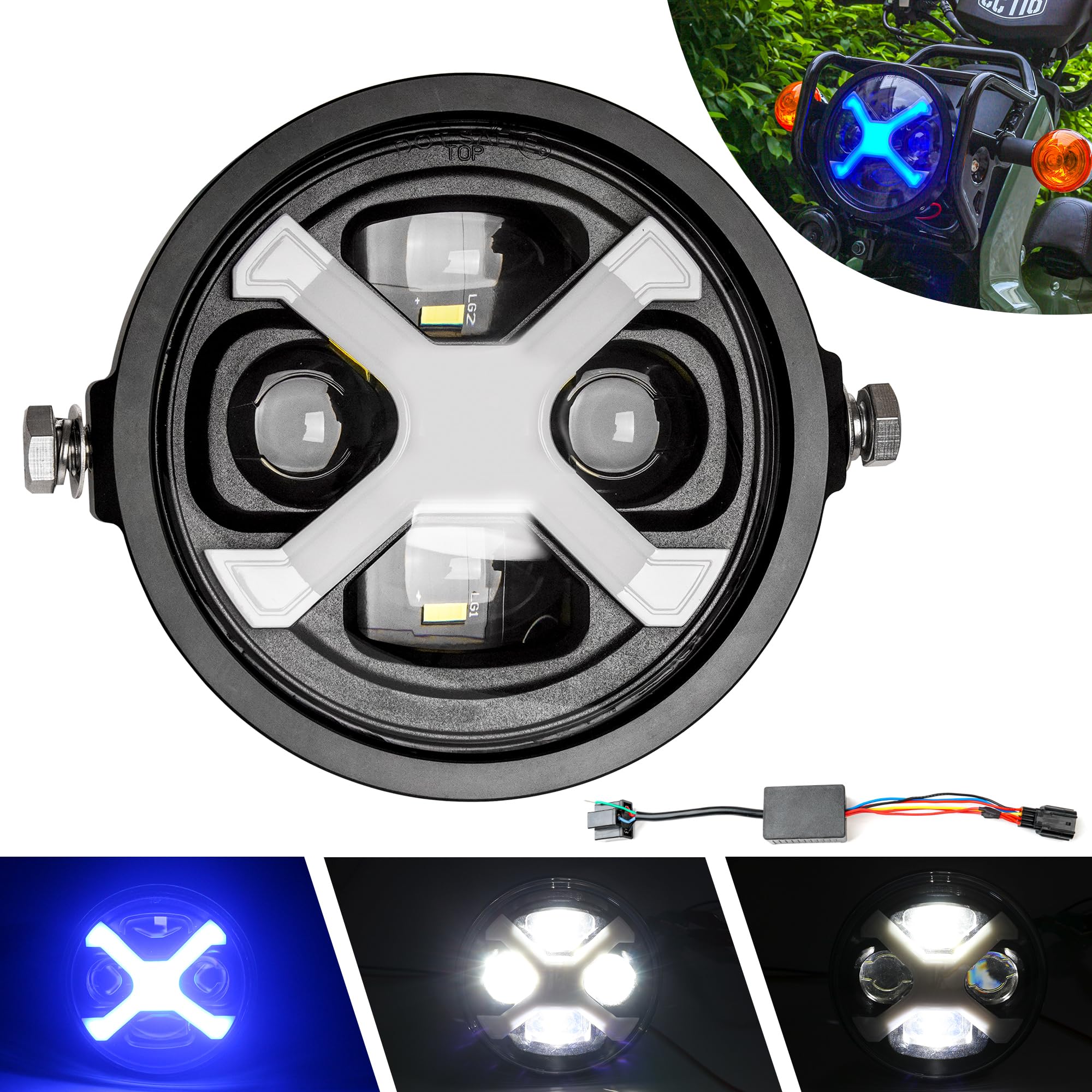 

Motikvans LED Motorcycle Headlight with Switchable High and Low Compatible with Honda Cross Cub CC110 JA60 Blue DRL, Beams, (X Headlight)