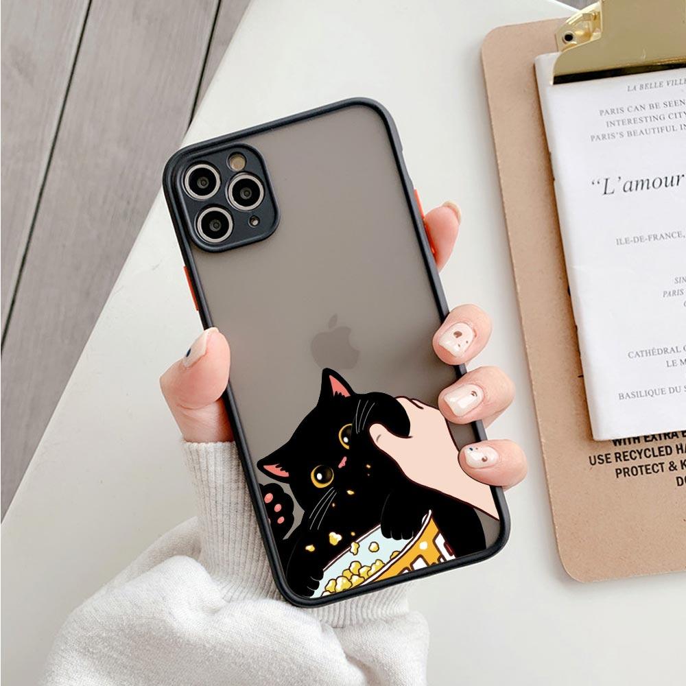 Animal Shockproof Matte Phone Case For Iphone 11 12 13 Pro Max Mini 7 Plus XR X S Cover Cute Pinched Face Eat Snacks Cat Cosplay