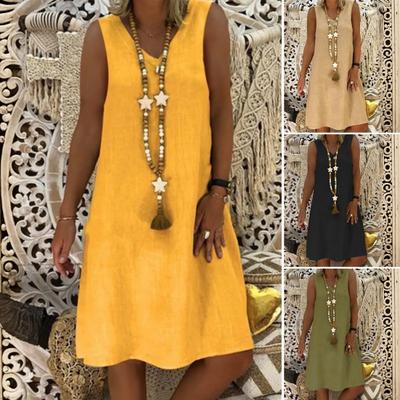Lady Summer Dress Sleeveless V Neck A-line Solid Color Knee Length Midi Dress Pullover Vest Type Vacation Beach Dress