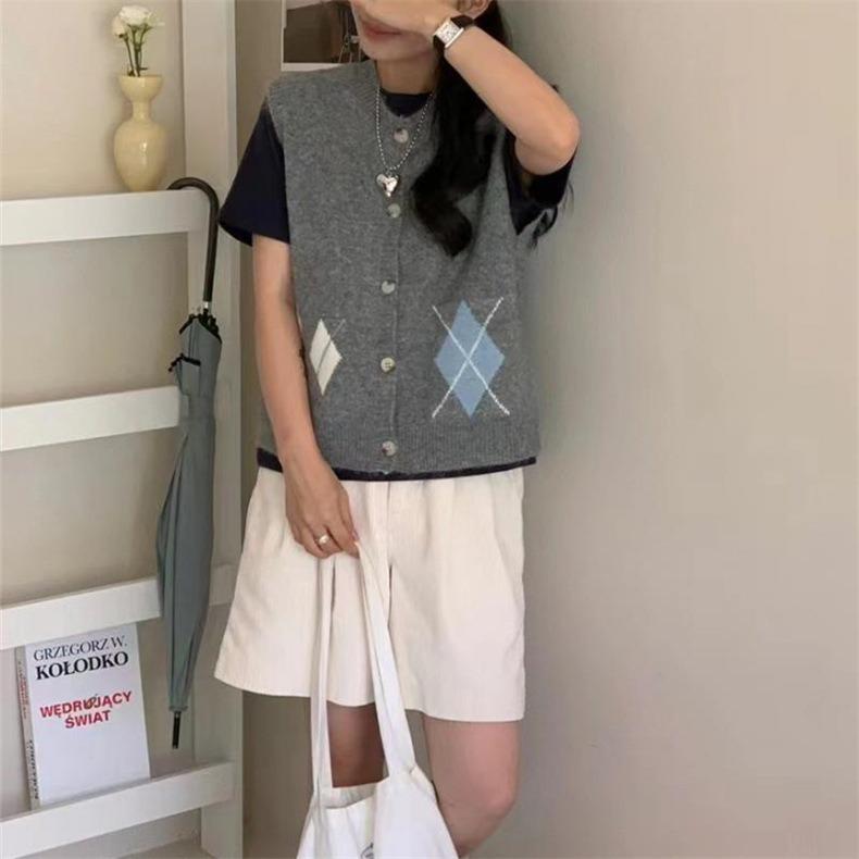Women's Knitted Vest Spring and Autumn Diamond Grid Knitted Vest Women's Loose Sweater Vest Top