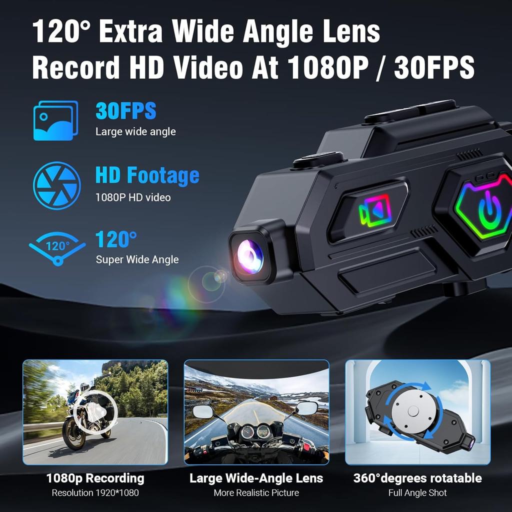 IPX6 Motorcycle Bluetooth 5.3 Intercom 1080P Dashcam 120° Camera 50H Battery