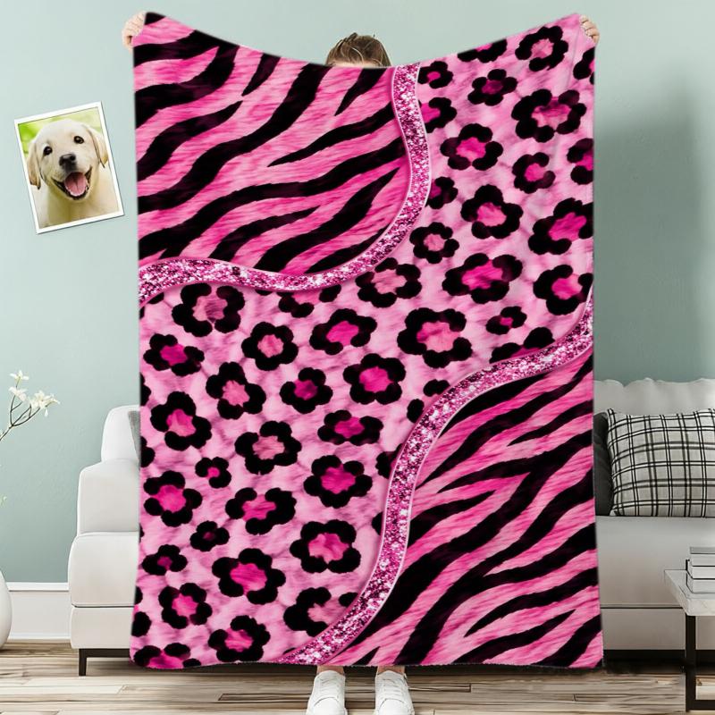 Pink Black Zebra Leopard Patchwork Glitter Fleece Blanket For Glam Bedroom Decor Lightweight Plush Throw Blanket Drape