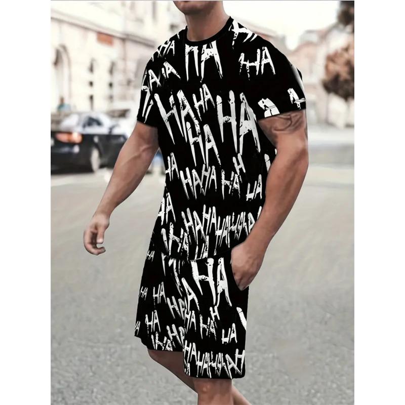 2-piece Men's Casual Retro National Pattern Printed Short-sleeved T-shirt Summer Sports Shorts Vacation Casual Beach Sports Suit