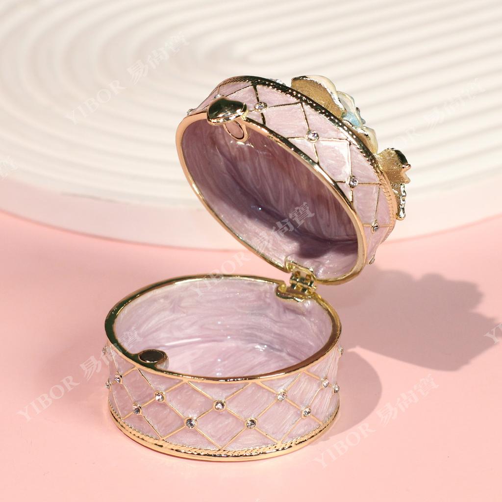 Enamel Rose Flower Jewelry Box, Alloy Light Luxury Ring Holder, Fashion Handicraft Storage Box for Earrings & Necklaces