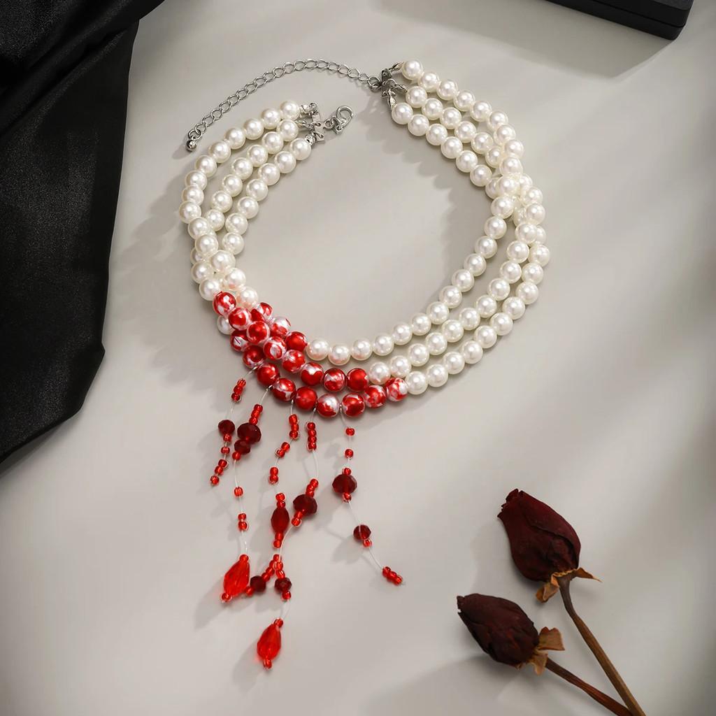 Vintage Red Blood Pattern Necklace for Women Multilayer Pearl Crystal Bead Pendant Necklaces Gothic Halloween Accessories