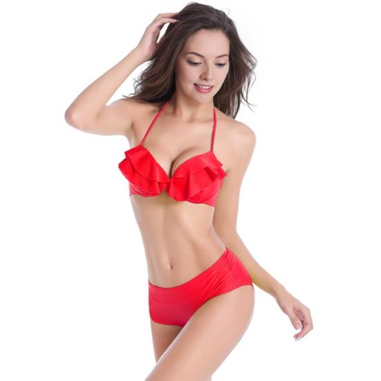 Women Bikini Set, Push-Up Cup with Built-In Steel Support Bikini Set, Double Layer Ruffle Trim Swimming Suit, Adjustable Hanging Neck Strap High