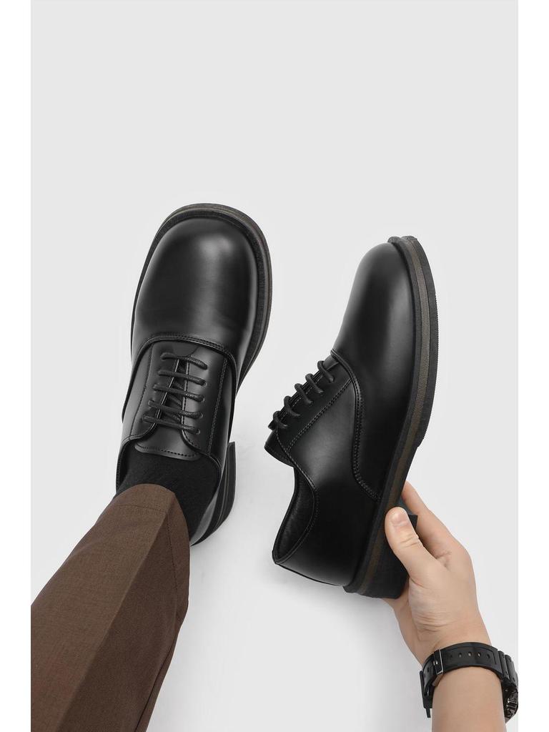 Men's Black Genuine Leather Derby Shoes - High-End, Round Toe, Formal/Casual, French/Japanese-Inspired.
