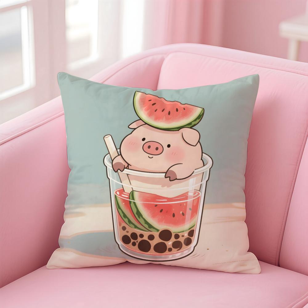 Cute Pig Summer Surprise Cushion Cover Linen Pillowcase Cover Soft Decor for Sofa Home Room