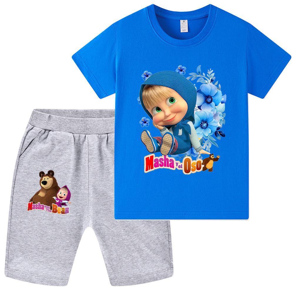 

WA1346 Multi-color Casual Kids Girls Masha Bear Print Short Sleeves T-shirt Shorts Sets 130cm