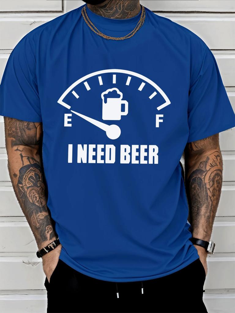 Unisex Crew Neck Tee Fuel Gauge I Need Beer Funny Slogan Print Short Sleeve Top Summer Outdoor Loose Soft Casual Basic Daily Wear