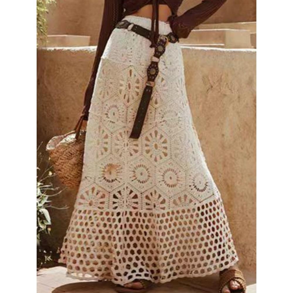 Damen Strickspitze Lang Einfarbig Rock Sommer Ausgestanzt Locker Vintage Hohe Taille Basic Röcke One Size beige