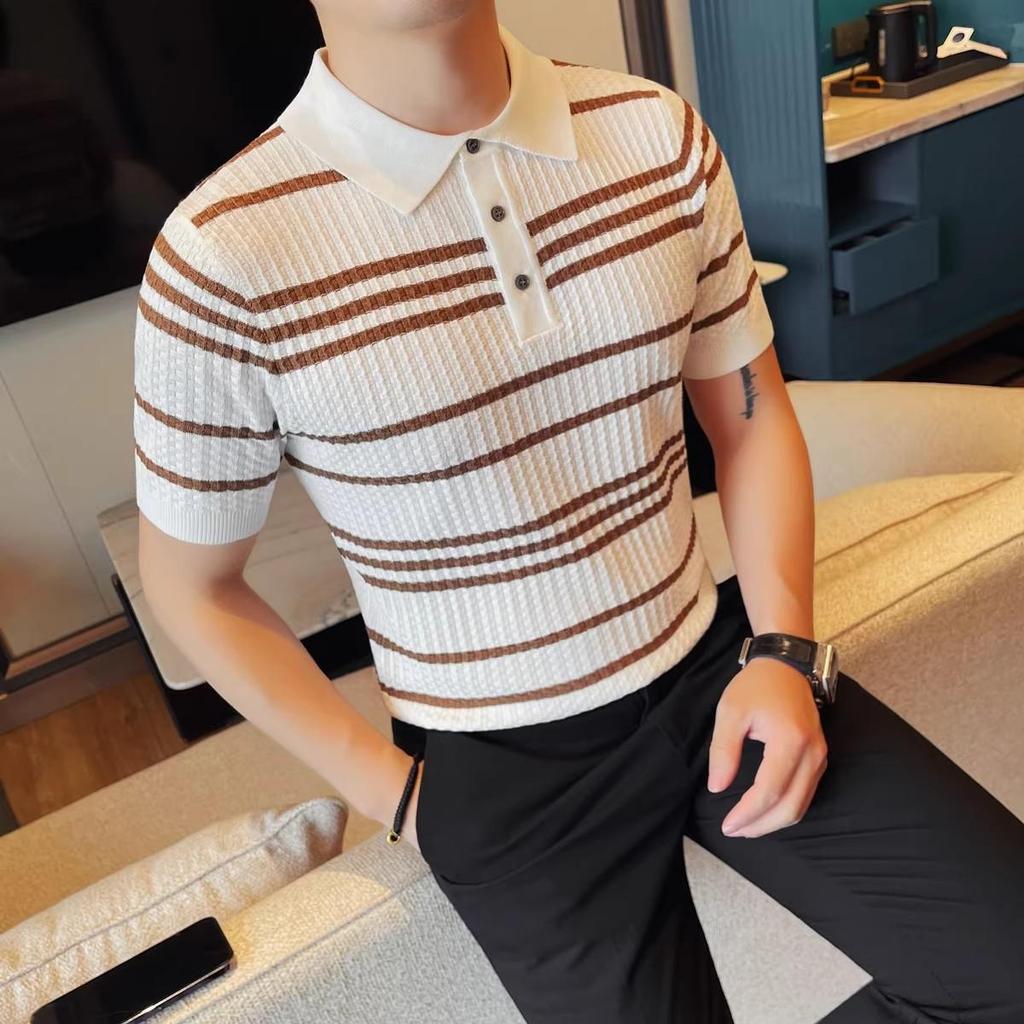 Yazlık Erkek Örme Pololar Moda Çizgili Devrik Yaka Kısa Kollu Polo Gömlekler
