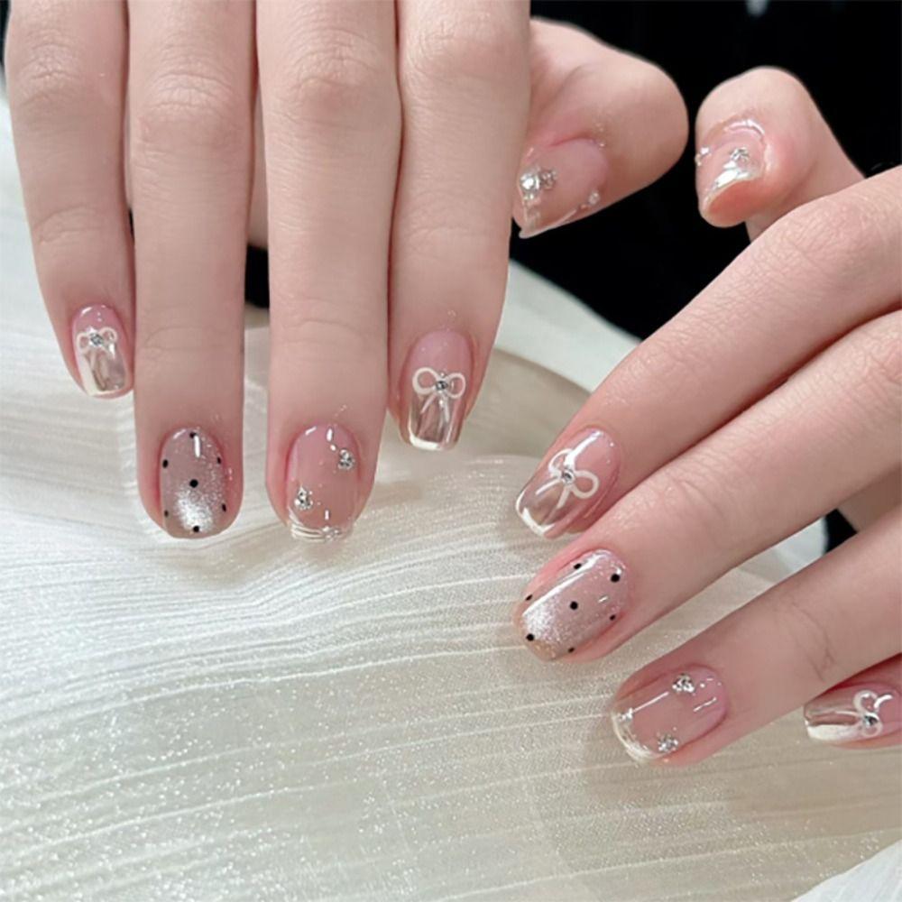 24pcs Flower Bow False Nails French Fake Nails Manicure Nail Tips DIY