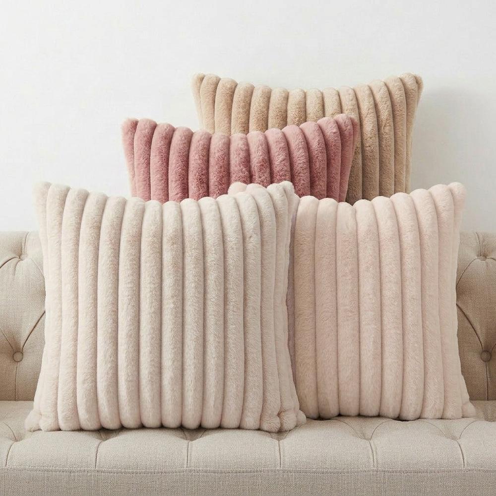 4PCS Soft Plush Pillowcases, Solid Color Striped Faux Rabbit Fur Pillowcases, Living Room Sofa Cushion Covers