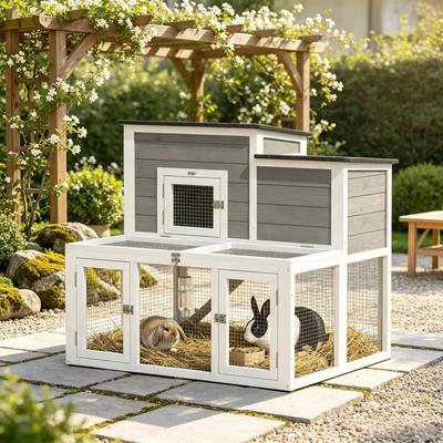 Wood Outdoor Rabbit Run Double Roof Opening Indoor Rabbit Cage Waterproof 2 Levels with Housing