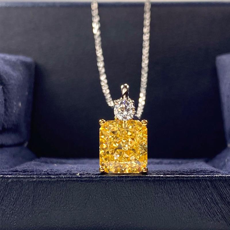 5 Carat Yellow Simulated Diamond Necklace for Women - S925 Silver Rectangle Pendant on Clavicle Chain