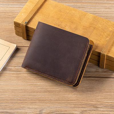 Handmade Crazy Horse Genuine Leather Men Wallet Vintage Bifold Slim Cowhide Card Holder Short Purse with Coin Pocket