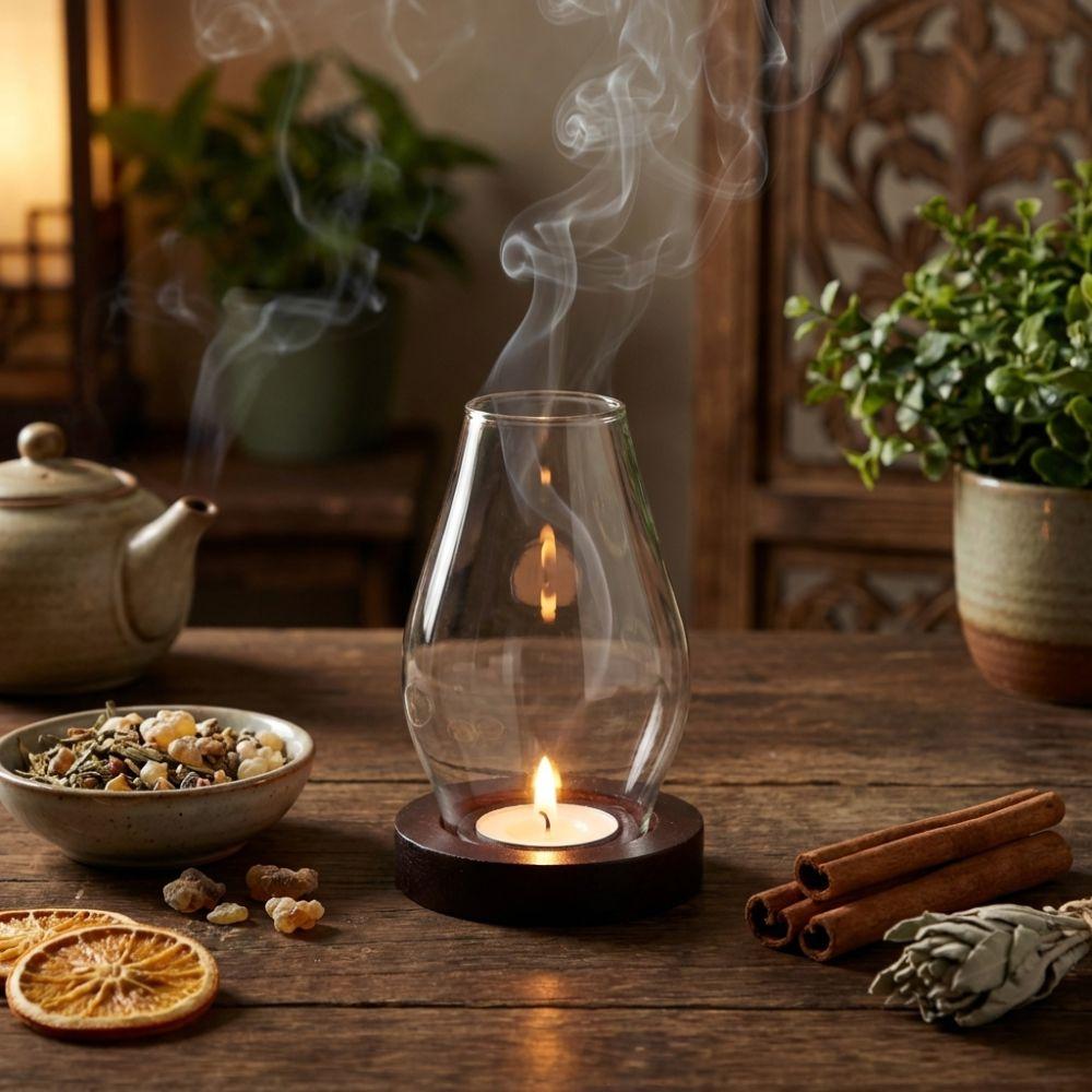 Solid Wood Base Glass Candle Holder Transparent Incenses Stove Lamp  Coffee Dining Room