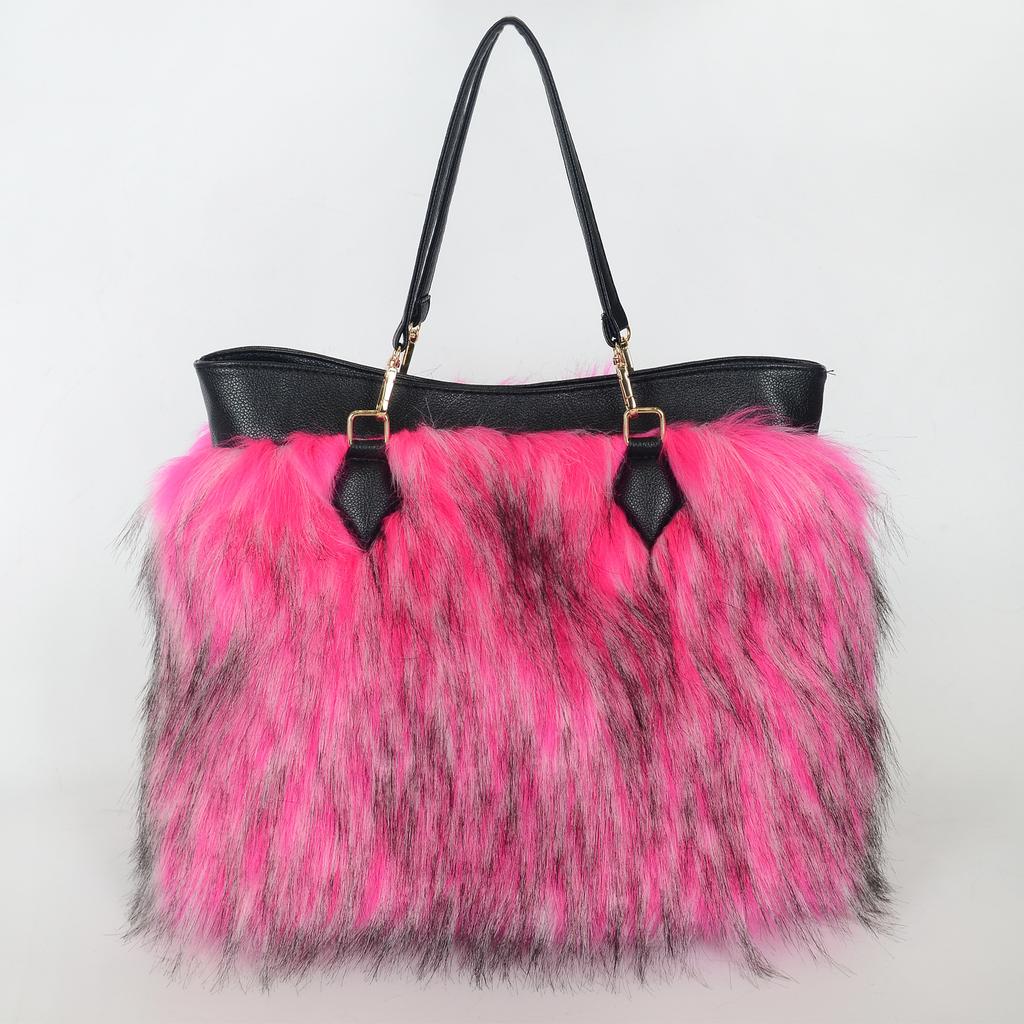 Bolso de Hombro de Felpa Imitación Piel para Mujer, Color Contrastante, Portátil, Gran Capacidad, Bolso de Moda Europeo y Americano, Explosión de Verano