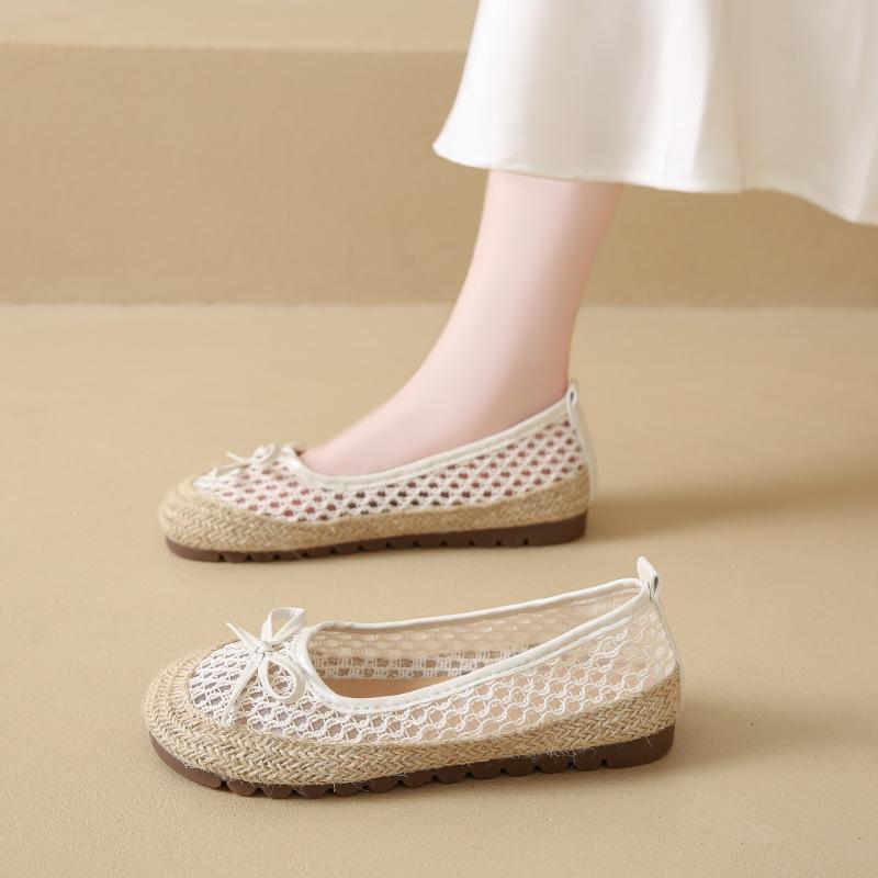 

Mesh straw fisherman shoes women s new bow casual one-pedal comfortable versatile soft sole breathable flat sole single shoe 41