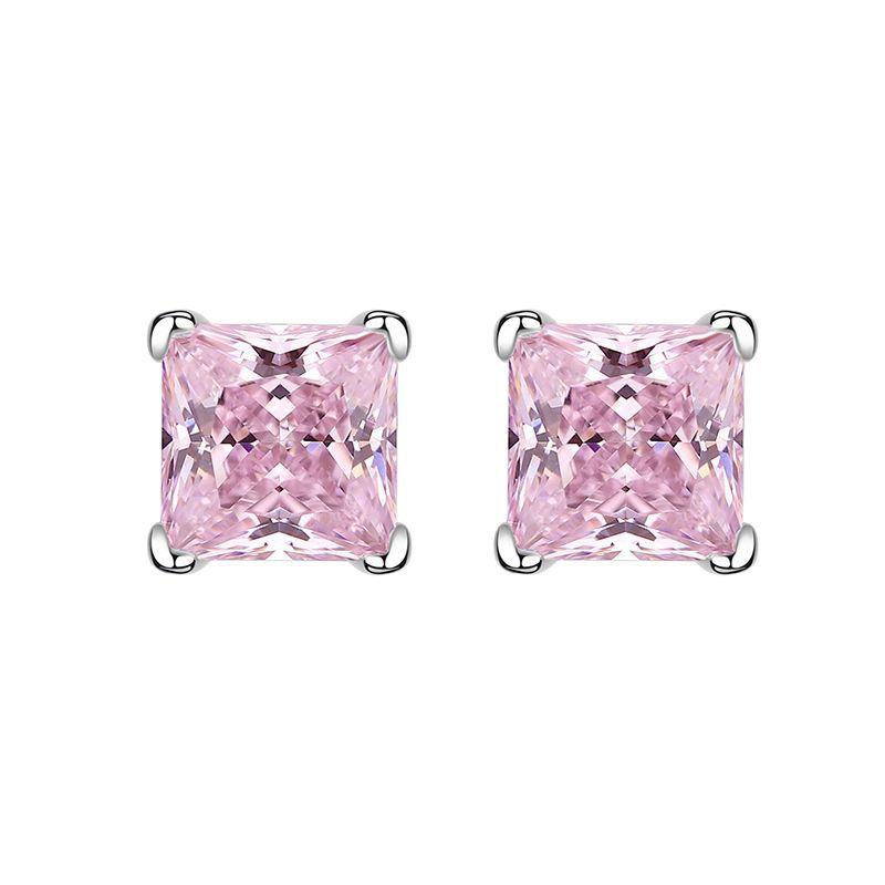 OEVAS 6x6mm Yellow Pink High Carbon Diamond Gemstone Earrings for Women 100% 925 Silver Classic Fine Jewelry