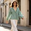 Lockere Bluse Damen Rüschen V-Ausschnitt Bluse, Laternenärmel Festliches Lässiges Oberteil, Profil Falten Einfarbige Hemdbluse für Herbst Dame