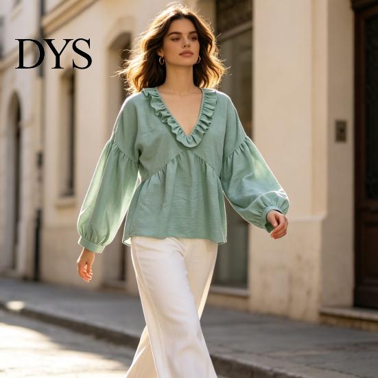 Lockere Bluse Damen Rüschen V-Ausschnitt Bluse, Laternenärmel Festliches Lässiges Oberteil, Profil Falten Einfarbige Hemdbluse für Herbst Dame