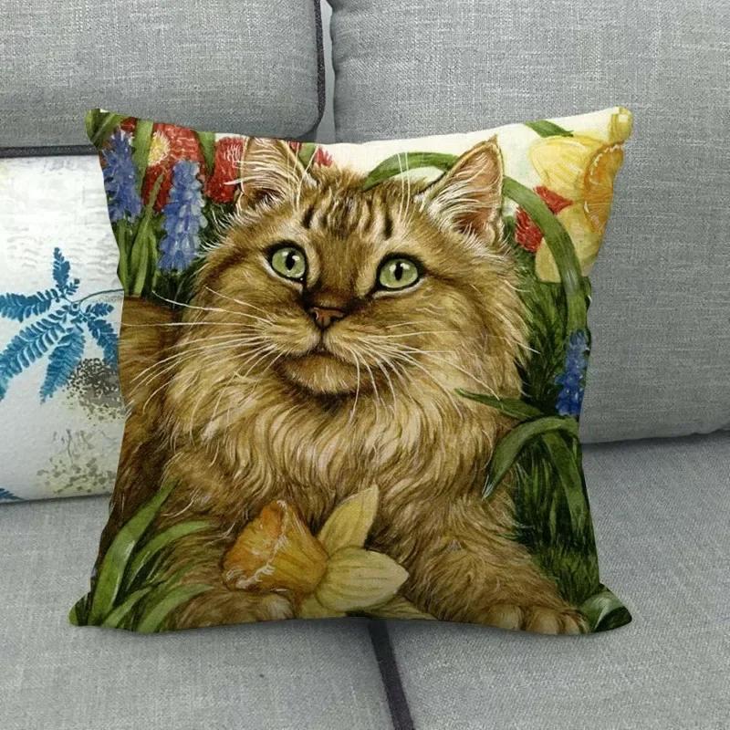 Lovely Cat Sleeping In The Garden Colorful Pillowcase Funny Animal Linen Cushion Cover Home Decor Seat Throw Pillow Covers