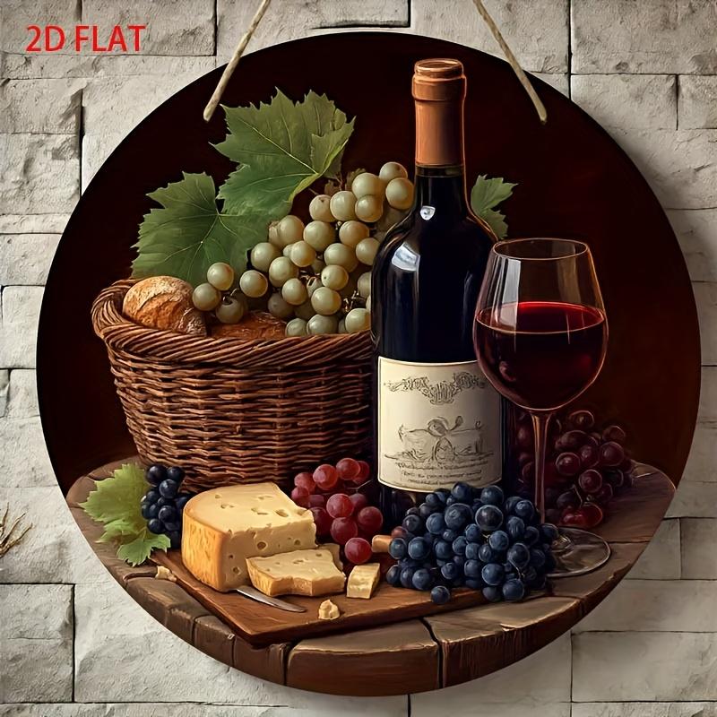 Vintage Round Aluminum Wine Cheese Decorative Sign Rustic Vineyard Grape Wall Art for Bar Kitchen Restaurant