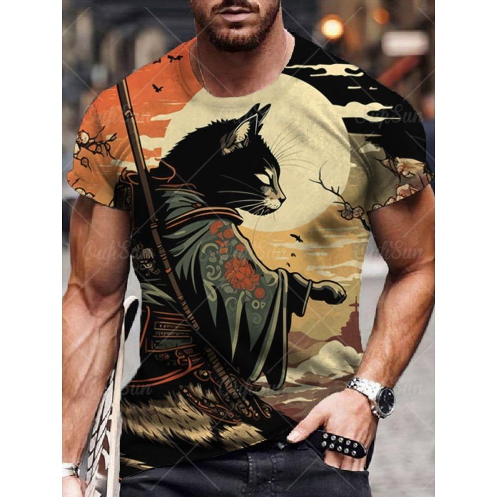 Japan Style Men's T-shirts 3D Samurai Cat Theme Print Short Sleeve T Shirts Fashion Men Women Crew Neck Tops Summer Clothing