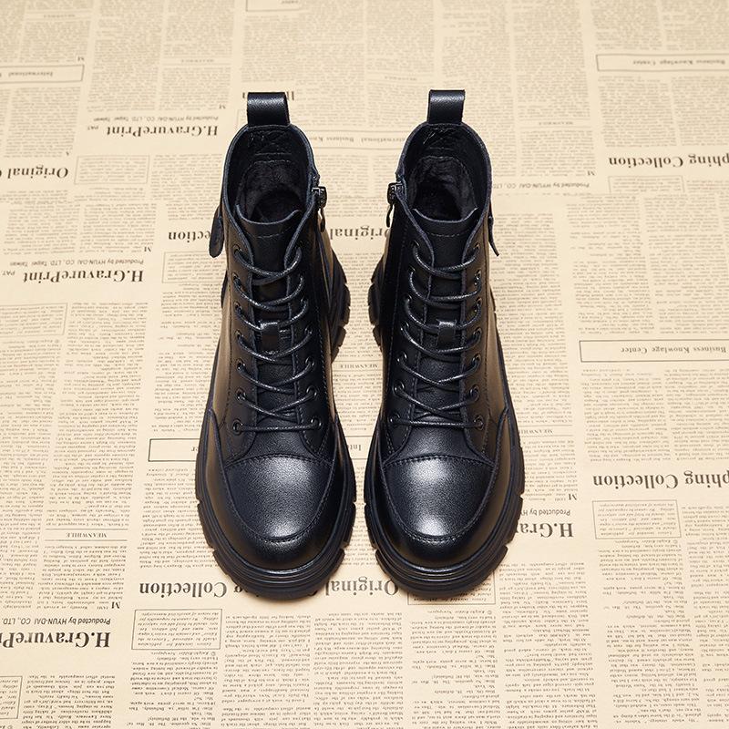 Leather Martin Boots Women's British Style Autumn and Winter New Short Boots Side Zipper Round Head Thick Heel Lace-up Trendy Boots