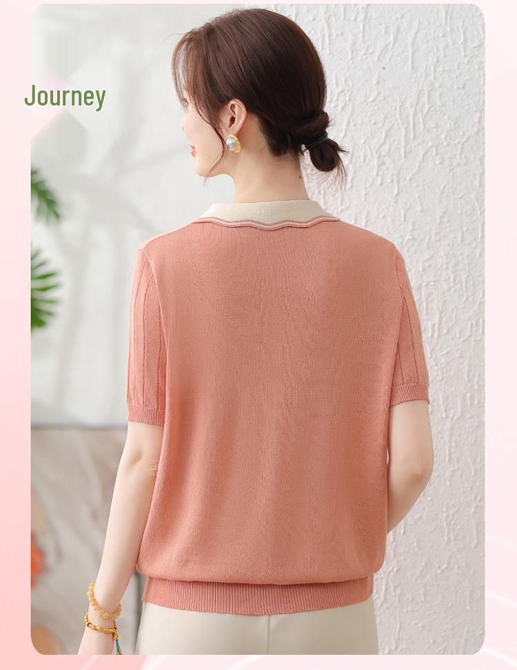 Mother's Day Stylish Ice Silk Short-Sleeve Lapel Blouse for Middle-Aged Women