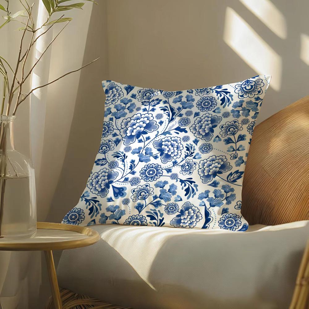 Classical Aesthetics Blue White Porcelain Pillow Case DoubleSided Plush Sofa Cushion Covers Organic Breathable Invisible Zipper